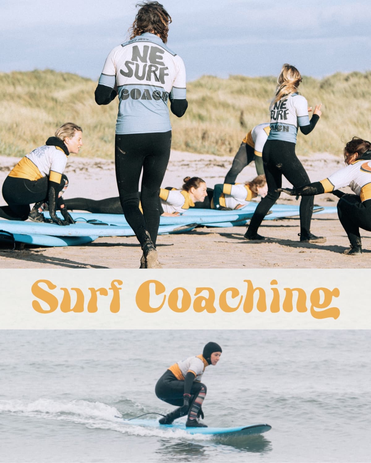 Surfers doing a coaching drill on the beach and a surfer on a small unbroken wave